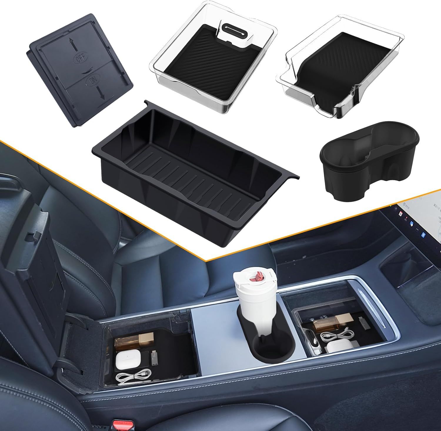 2020-2024  Tesla Model Y- 5PCS Center Console Organizer Tray: Armrest Storage Tray and Hidden Storage Box (Transparent)