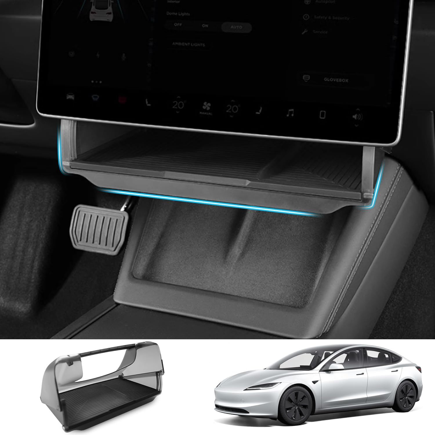 2020-2024 Tesla Model Y &amp; 2017-2023 Tesla Model 3 Under Screen Storage Organizer with Hidden Shelf