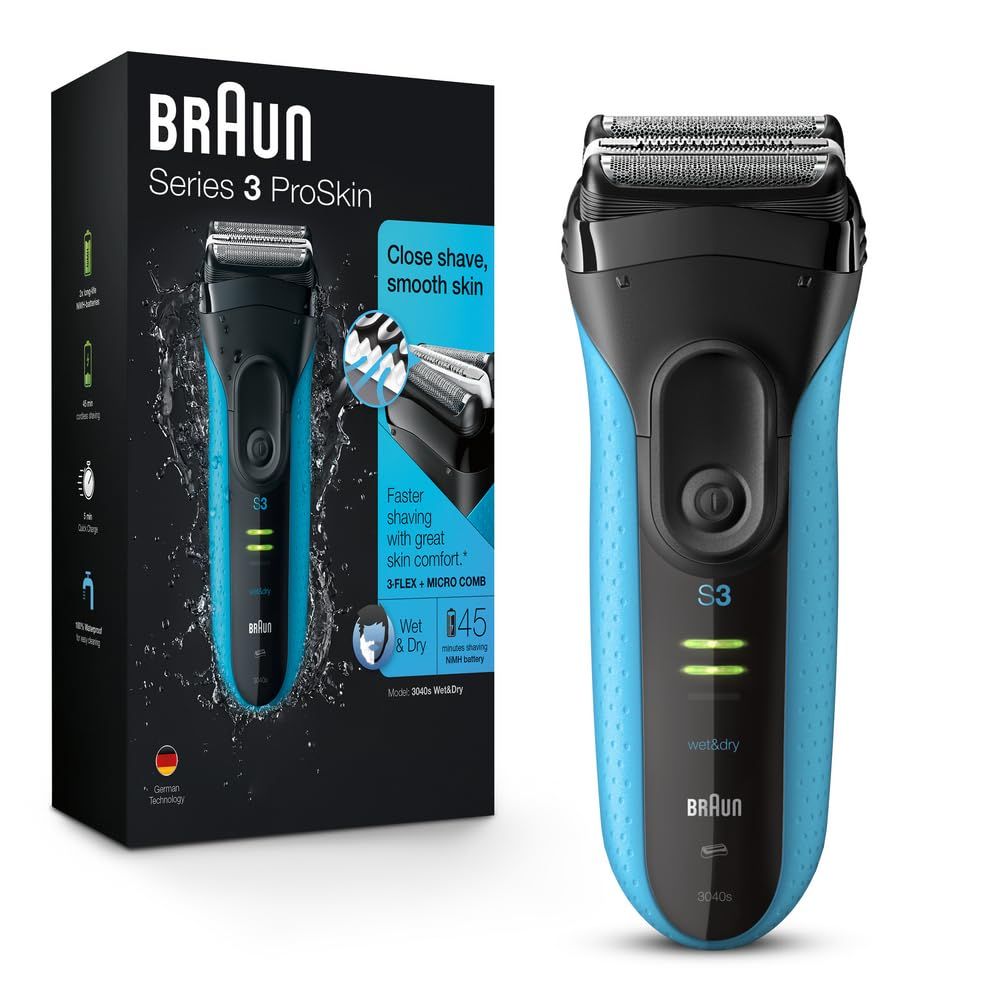 Braun Electric Series 3 Razor with Precision Trimmer, Rechargeable, Wet &amp; Dry Foil Shaver for Men, Blue/Black, 4 Piece