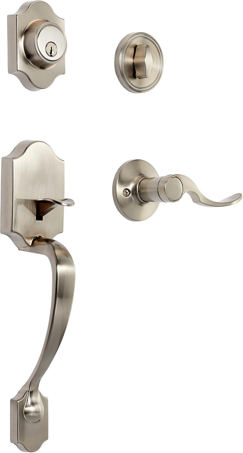 Front Door Lock Set, Handleset with Shelby Lever, Level Door Handle, Exterior, Satin Nickel