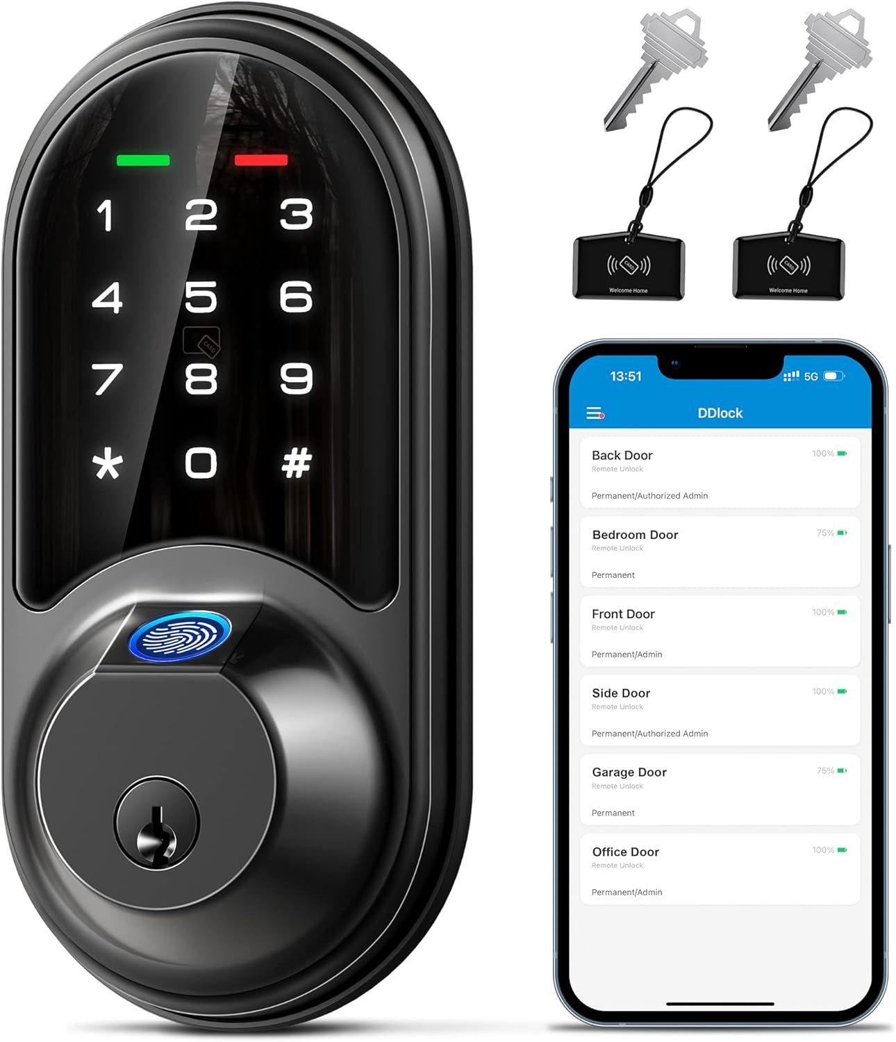 Smart Lock, Fingerprint Door Lock, 7-in-1 Keyless Entry with App Control, Electronic Touchscreen
