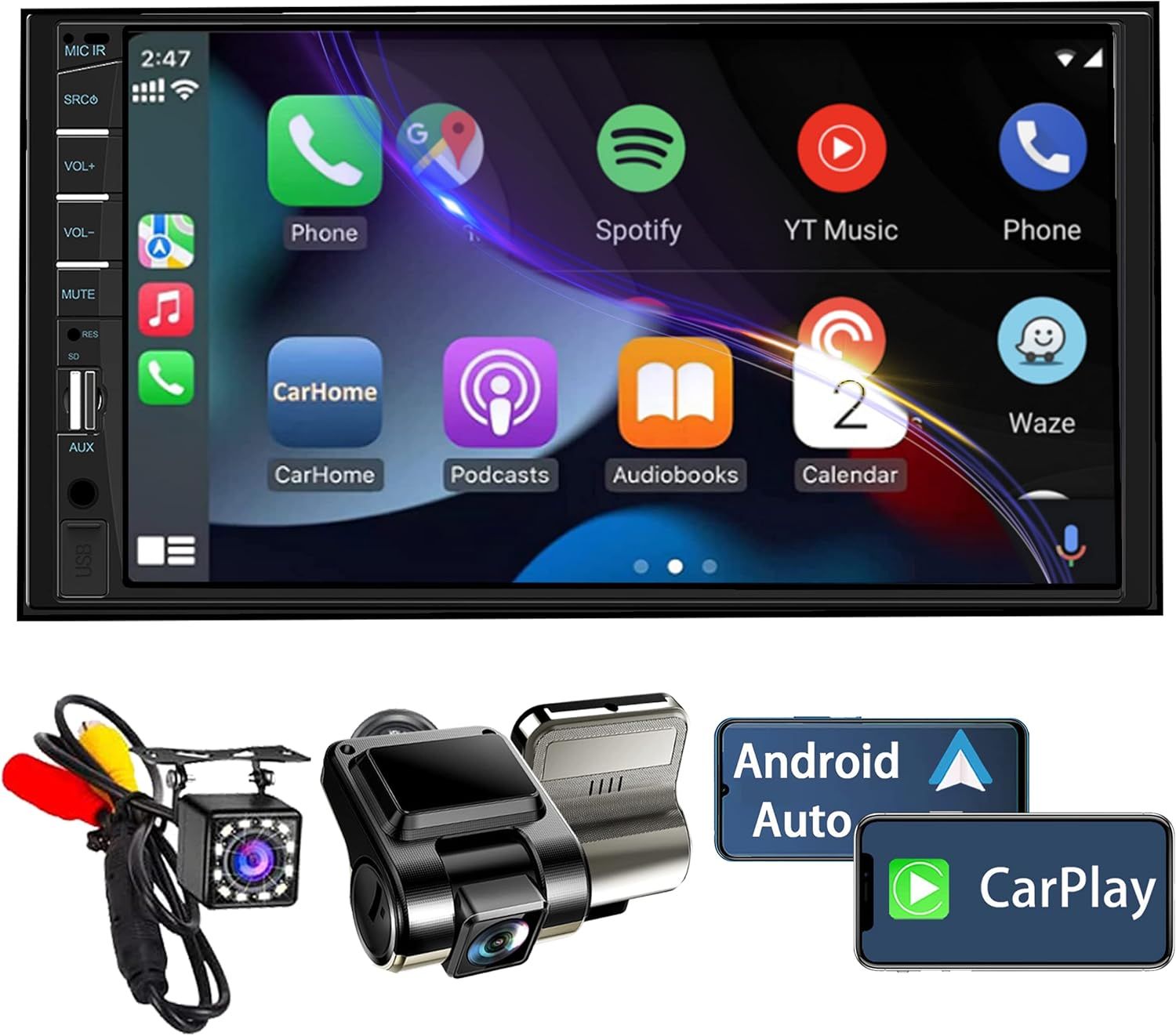 7&quot; Touchscreen Car Stereo with Dash Cam &amp; Backup Camera with Apple Carplay &amp;  Android Auto