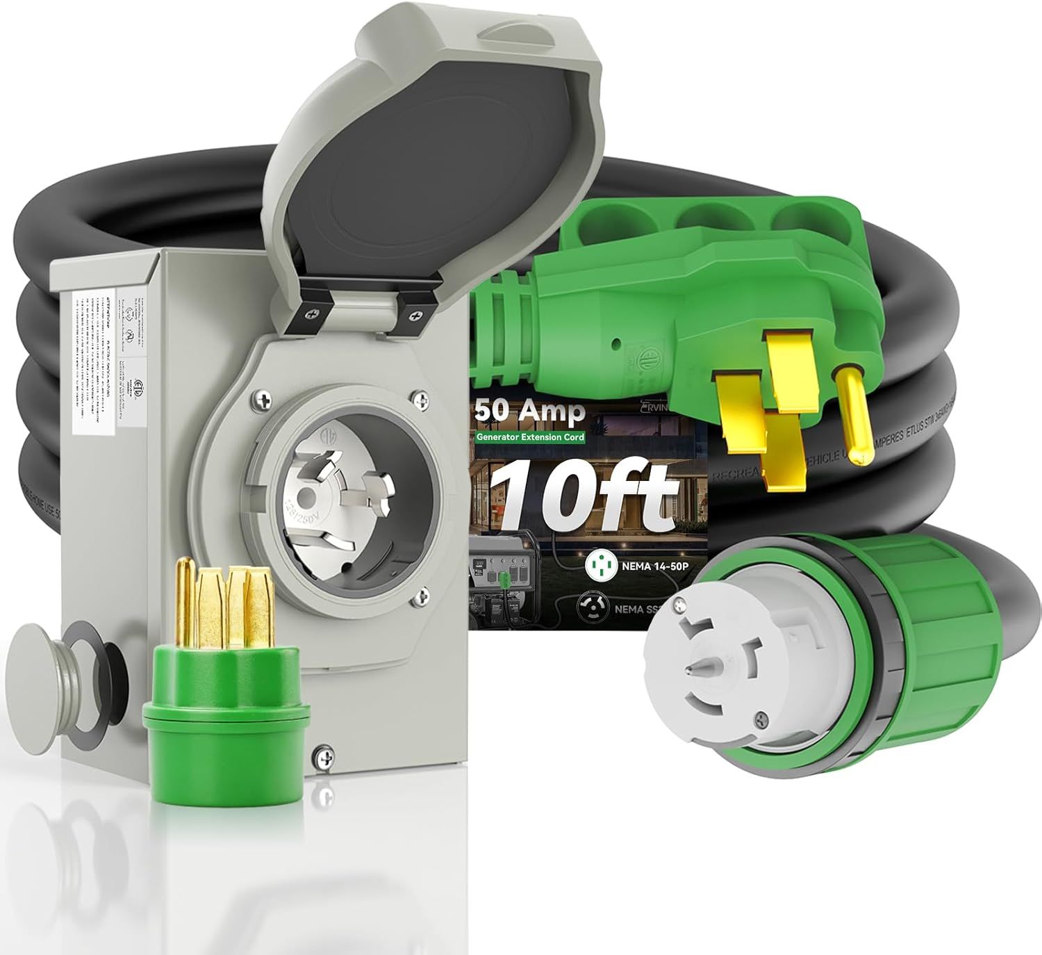 50 Amp Generator Cord 10FT and Power Inlet Box Waterproof Combo Kit, NEMA 14-50P to SS2-50R Generator Extension Cord