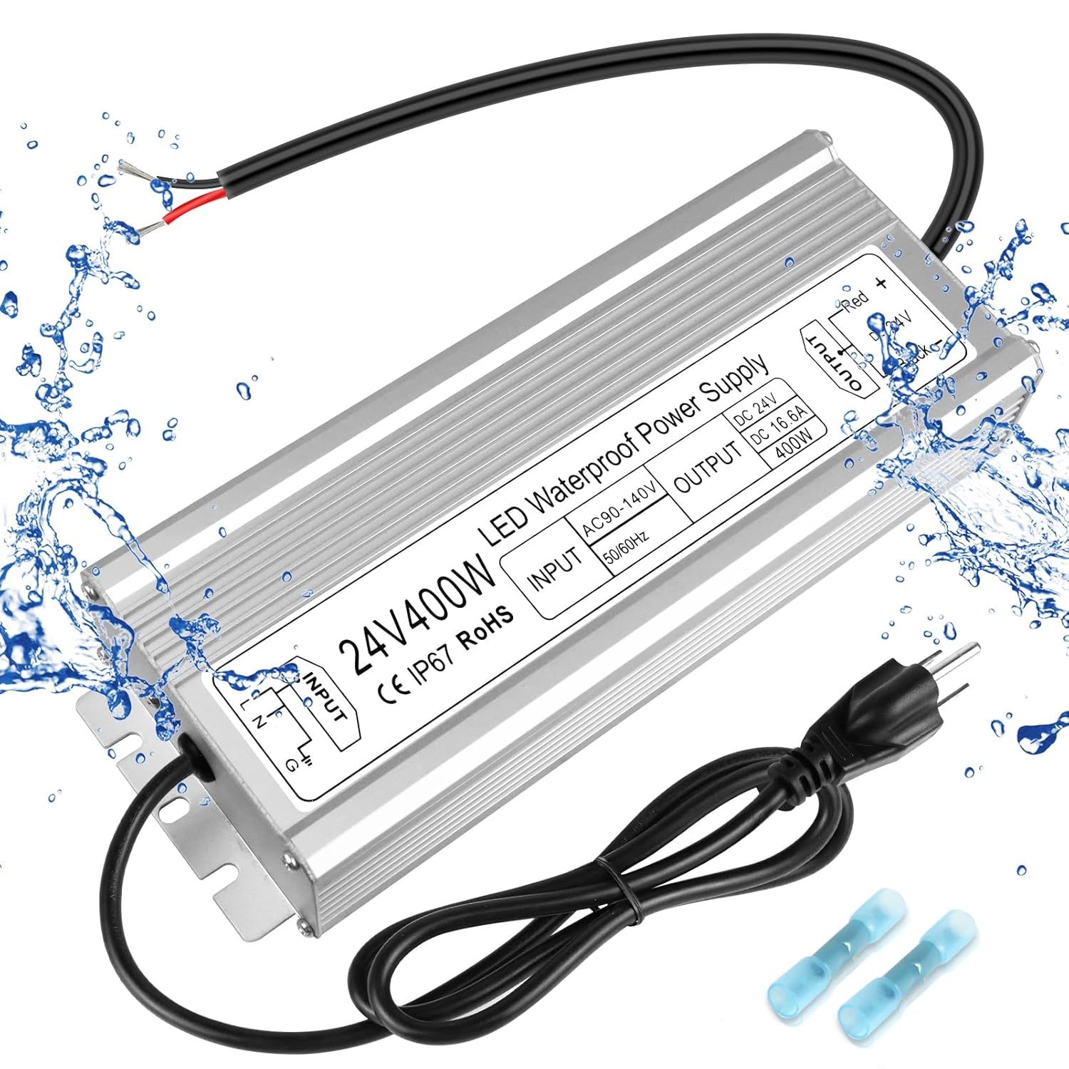 LED Driver 400W 24V Power Supply, IP67 Waterproof Low Voltage Transformer, AC 90-140V to DC 24V