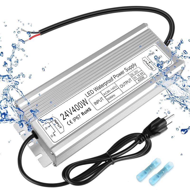 LED Driver 400W 24V Power Supply, IP67 Waterproof Low Voltage Transformer, AC 90-140V to DC 24V