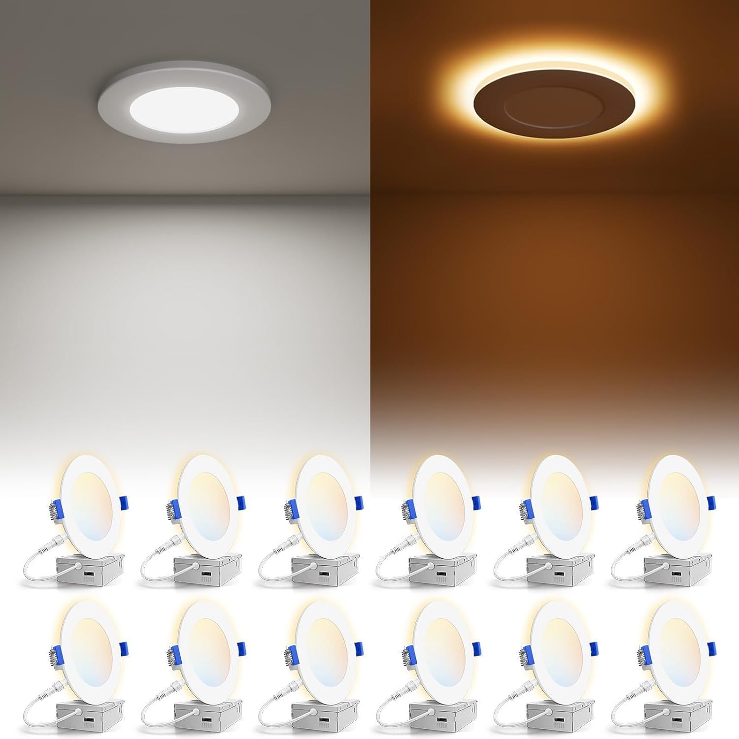 12 Pack 3&quot; 5CCT Recessed Light with Night Light, Canless LED Recessed Lighting 3 inch, 2700K-5000K