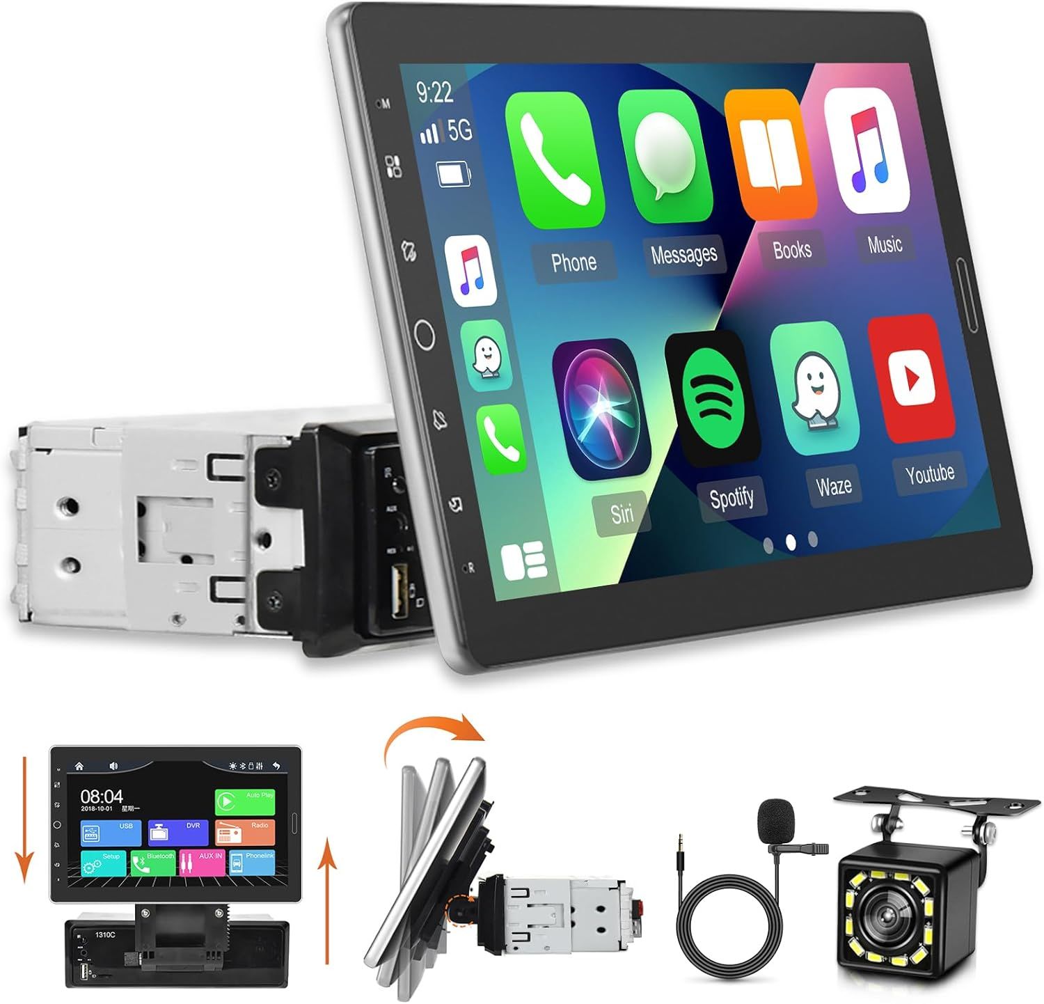 10.1 Inch Car Stereo with CarPlay and Android Auto, Detachable Touch Screen Radio with Mirror