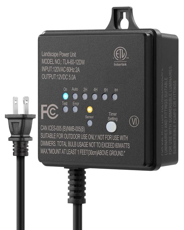 60W 120V AC to 12V DC Outdoor Low Voltage Transformer with Timer and Photocell Light Sensor