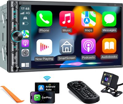 Wireless Double Din Car Stereo with Carplay, Android Auto, Bluetooth, 4-Channel RCA, High Power