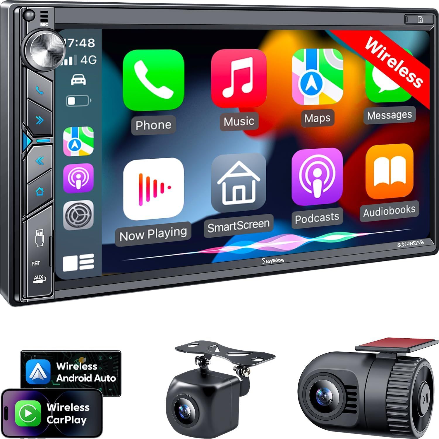 SJoyBring Double Din Stereo with CarPlay/Android Auto + Dash Cam+Backup Camera | 7&quot; HD Touchscreen