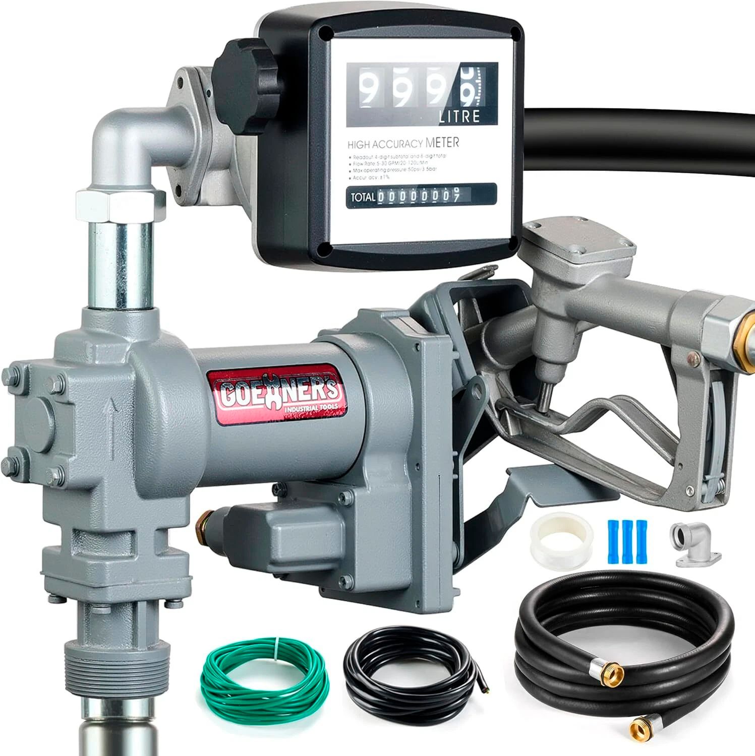 20GPM 12V DC Fuel Transfer Pump with Nozzle Kit for Gas, Diesel, Kerosene (Silver) with Flow Meter