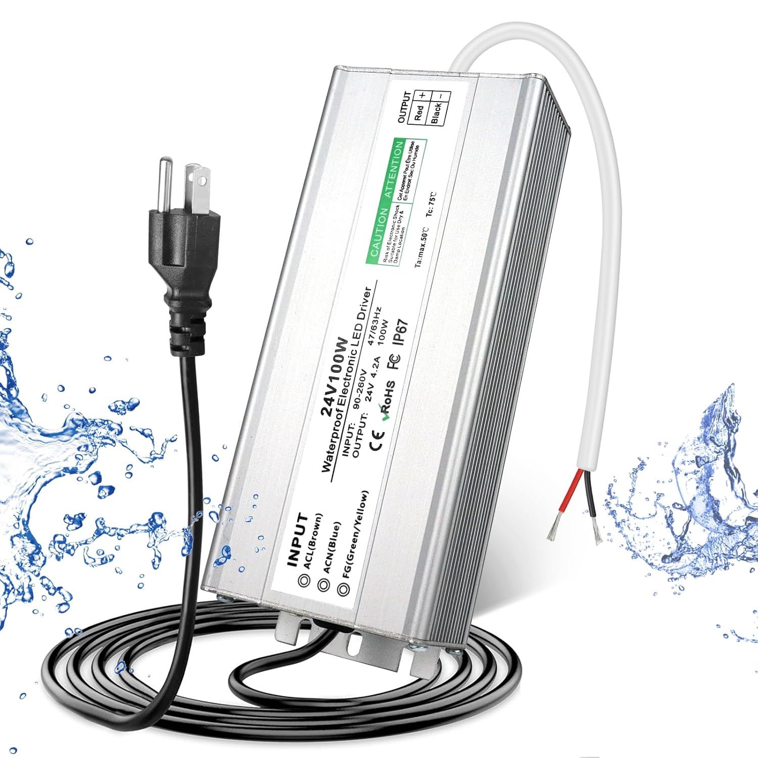 100W LED Power Supply, Waterproof IP67 LED Driver, AC 110V to DC 24 Volt Low Voltage Transformer