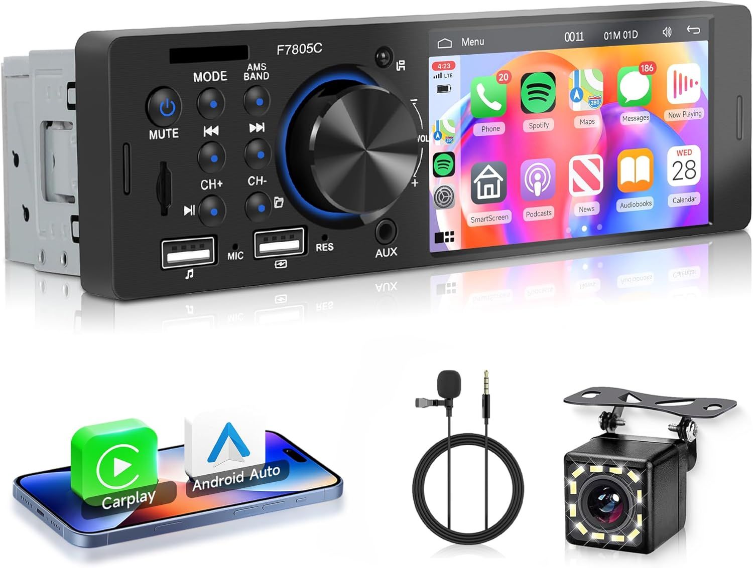 Single Din Car Stereo with CarPlay/Android Auto, 4&quot; Touchscreen Bluetooth Car Radio w/Backup Camera