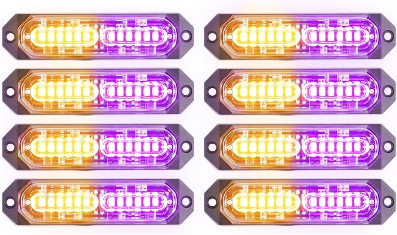 8PCS LED Strobe Lights – Purple/Amber Emergency Grille Light Bar for Cars, Trucks, Vehicles
