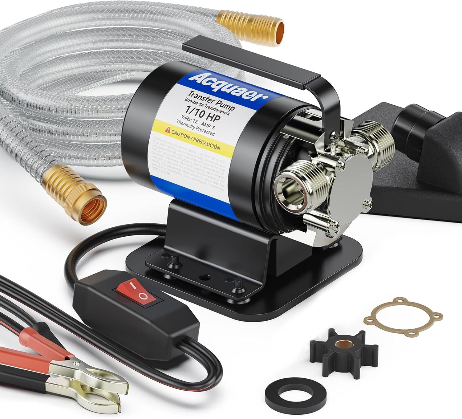 12V Water Transfer Pump – Portable 1/10HP Utility Pump w/ Switch &amp; Hose Kit for RV, Pool, Aquarium