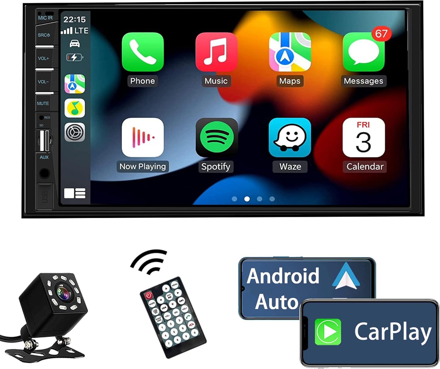 7&quot; Car Stereo Double Din Radio with Apple CarPlay &amp; Android Auto + Backup Camera
