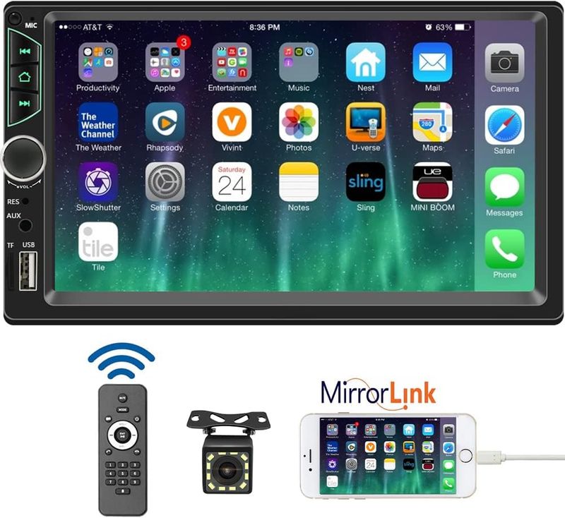 7&quot; Double Din Car Stereo with Touchscreen &amp; Backup Camera – Bluetooth, USB, Mirror Link