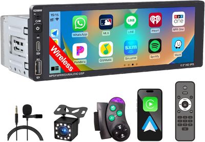 Touch Screen Single Din Stereo – CarPlay &amp; Android Auto, Bluetooth, Backup Camera, FM Radio, USB