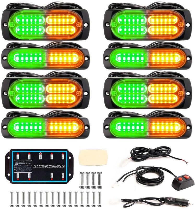8 Piece Green/Amber LED Emergency Strobe Lights for Trucks &amp; Vehicles – Ultra Slim Sync Bar