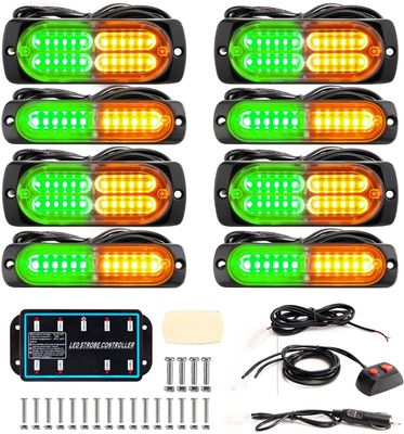 8 Piece Green/Amber LED Emergency Strobe Lights for Trucks &amp; Vehicles – Ultra Slim Sync Bar