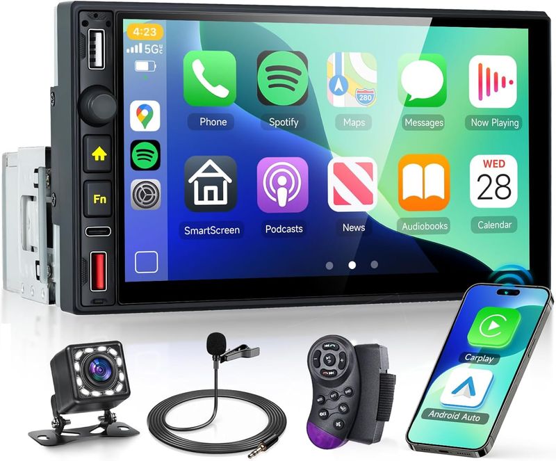 Single Din 7&quot; Car Stereo with Wireless CarPlay, Touch Screen Radio with Bluetooth &amp; Backup Camera