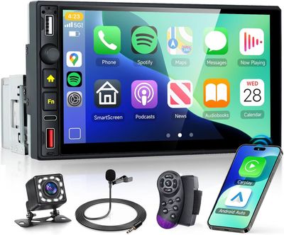 Single Din 7&quot; Car Stereo with Wireless CarPlay, Touch Screen Radio with Bluetooth &amp; Backup Camera
