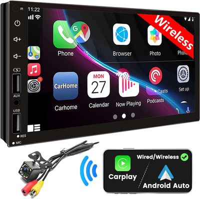 7&quot; Double Din Car Stereo with Wireless CarPlay &amp; Android Auto, Full Touchscreen, Bluetooth &amp; Backup Camera