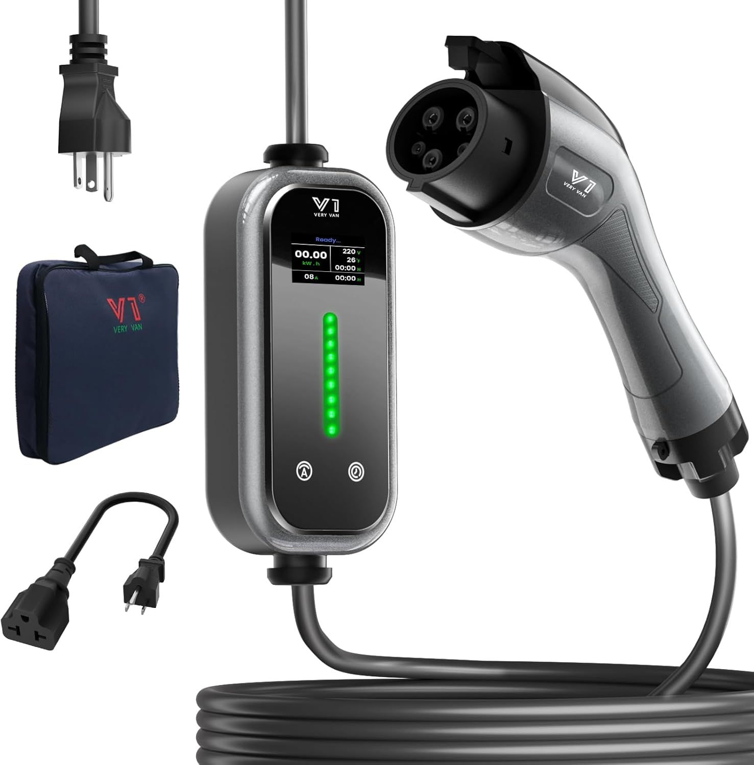 Premium Portable EV Charger 16A Level 1&amp;2 – 25FT Cable, NEMA 6-20 Plug + Adapter, J1772 Compatible