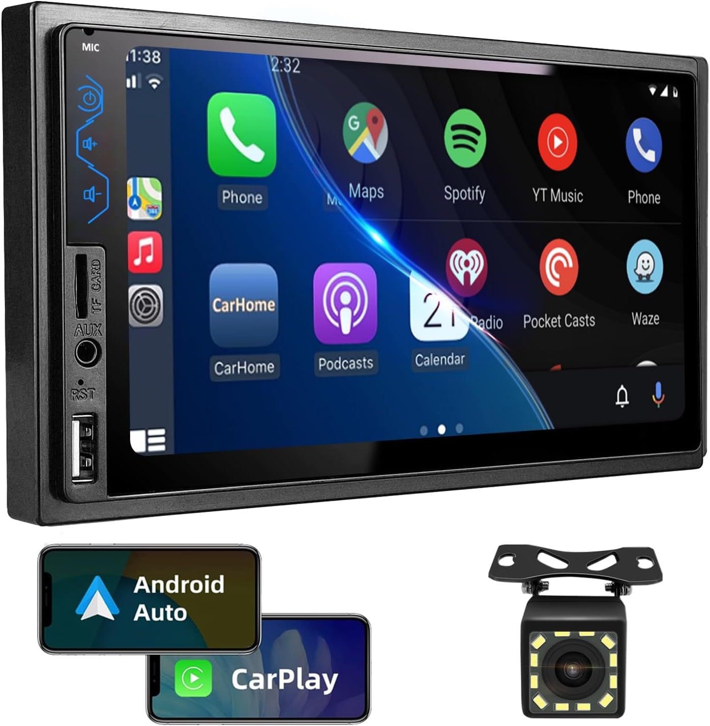 7” Touchscreen Double Din Car Audio Receiver – CarPlay, Android Auto, USB, AUX, FM, Subwoofer