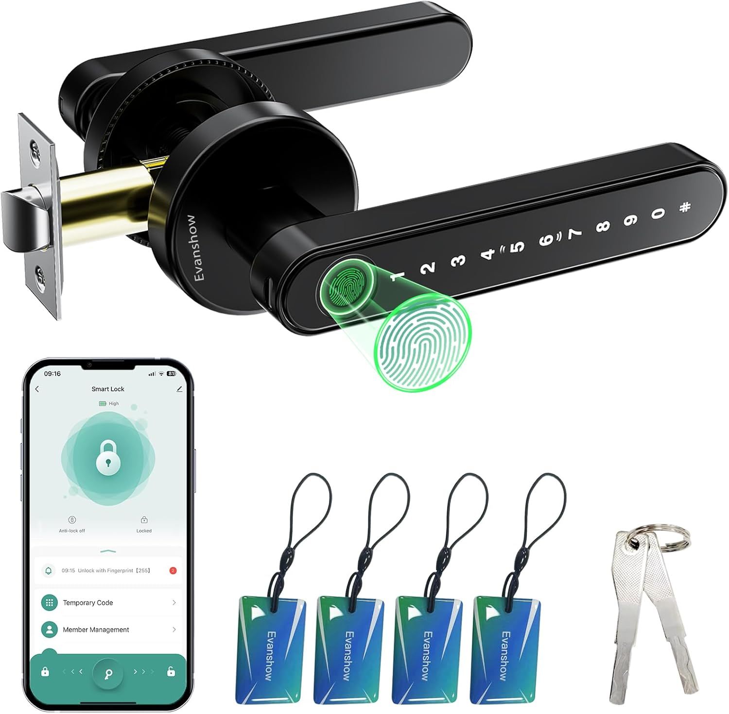 Smart Fingerprint Door Knob with Handle – Smart Keyless Entry Lock for Bedroom &amp; Front Door