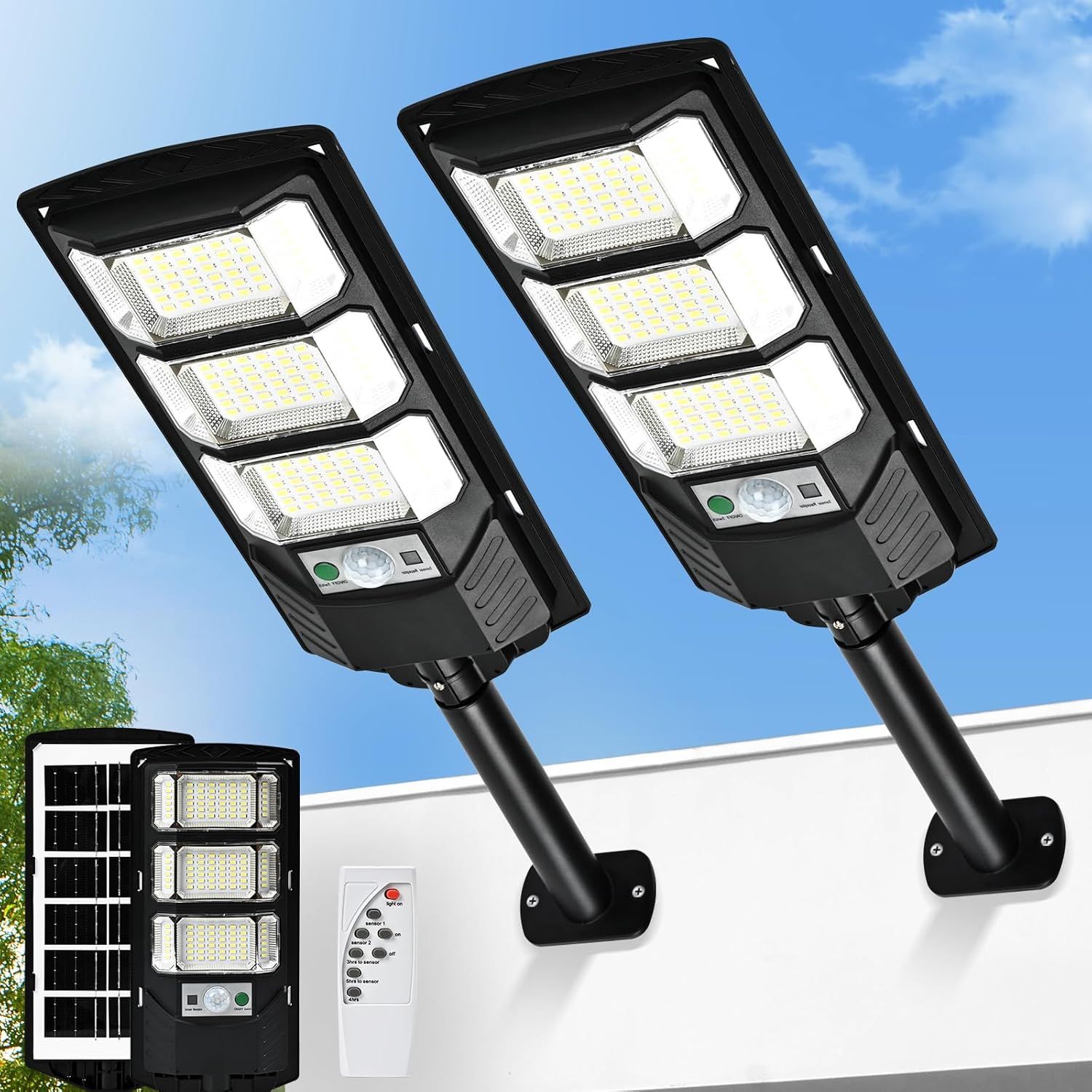 2 Pack Solar Flood Lights Outdoor – 10000LM, Motion Sensor, Remote Control, Dusk to Dawn