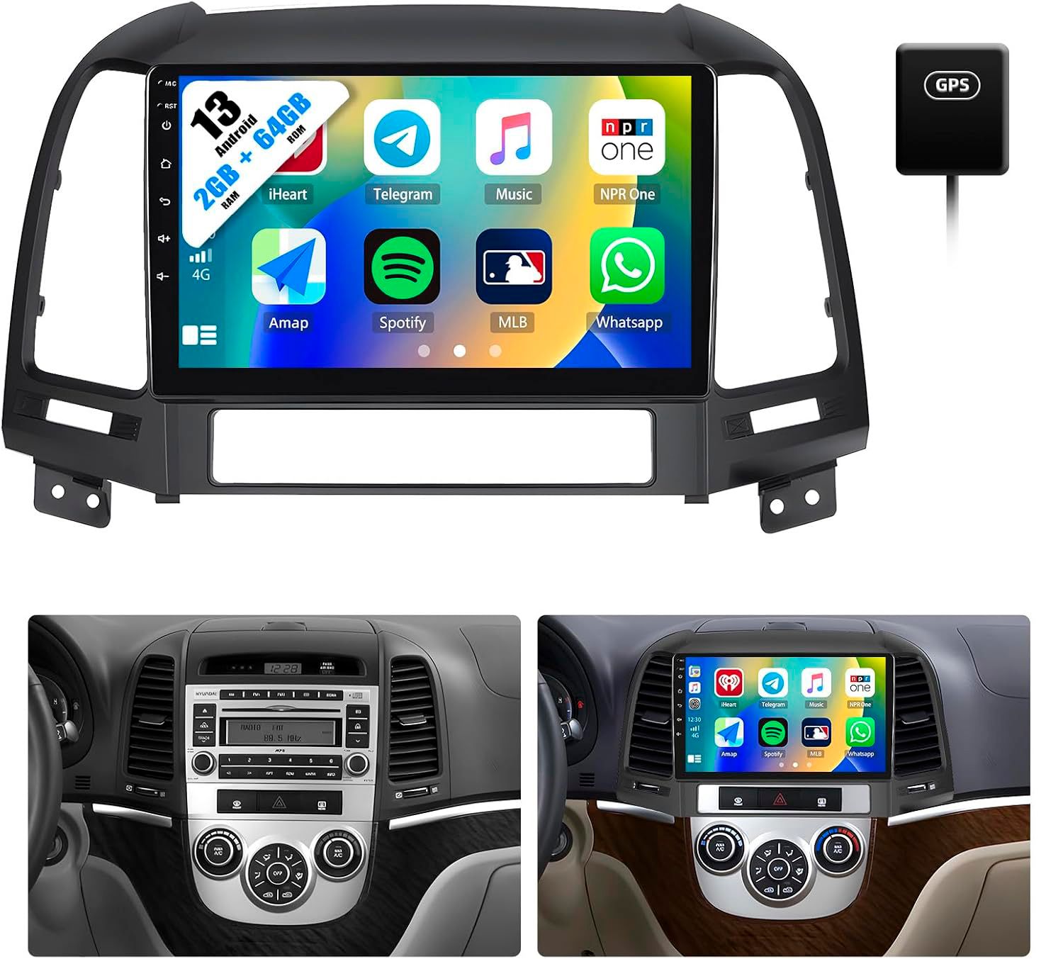 Hyundai Santa Fe 2006-2012 Android Car Radio – 9&quot; Touch Screen, CarPlay, Android Auto, GPS, WiFi