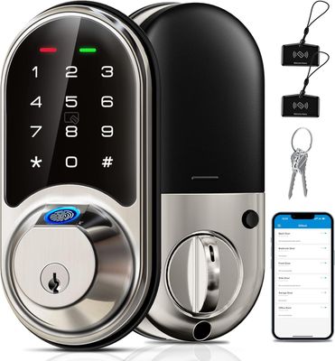 Smart Door Lock with Fingerprint &amp; Keypad – 7-in-1 Keyless Entry Deadbolt Satin Nickel