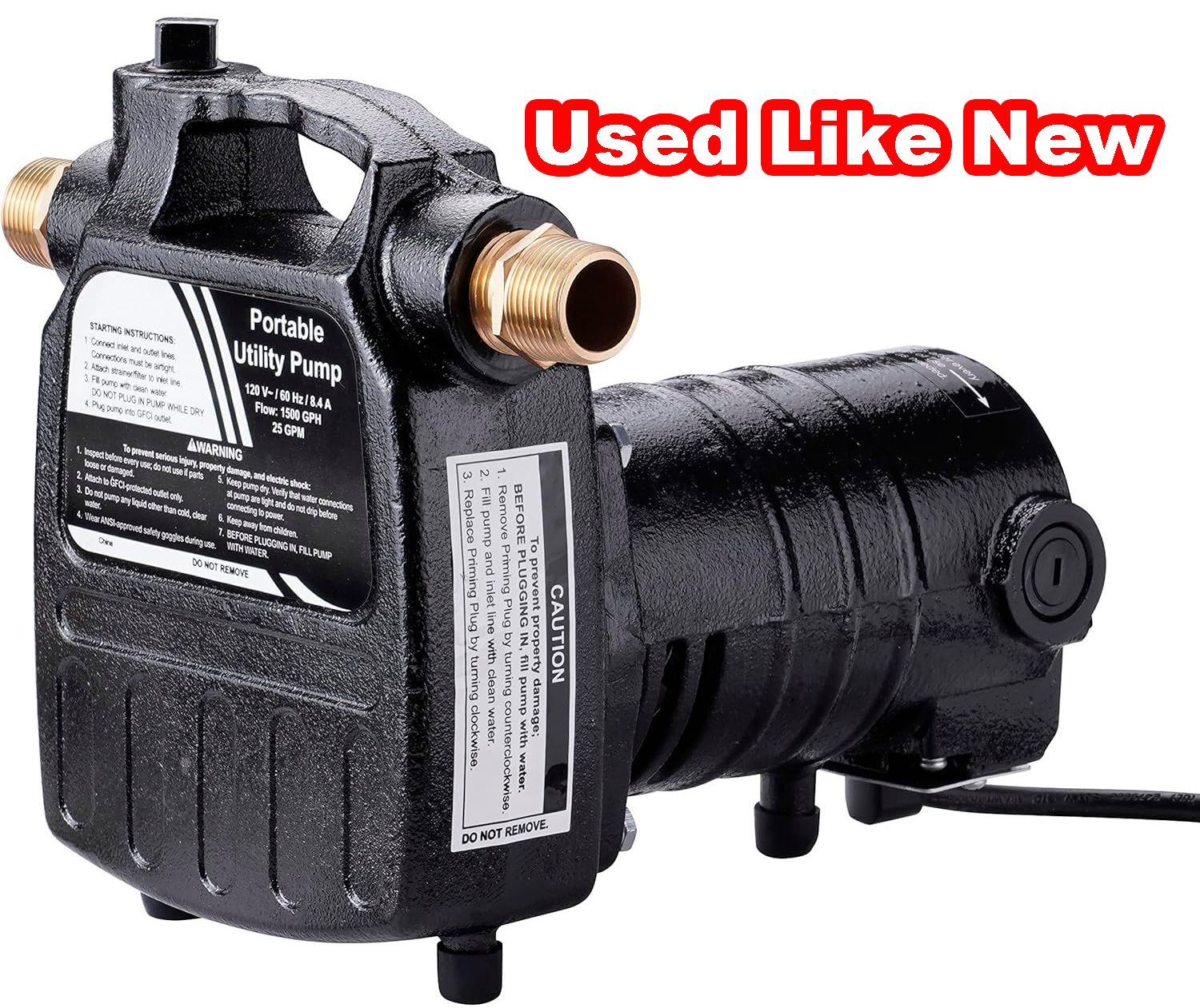 Used 115Volt 1/2HP 1500 GPH Heavy Duty High Pressure Cast Iron Casing Water Transfer Utility Pump