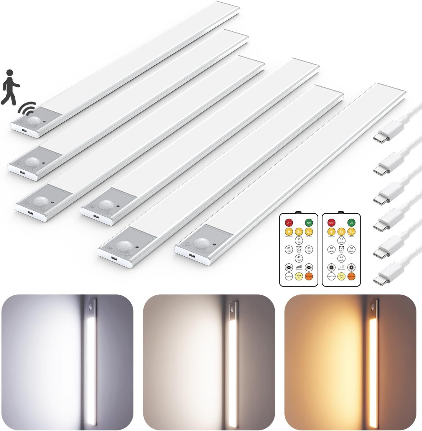 16&quot; Ultra-Thin Under Cabinet Lighting – Wireless Rechargeable LED Lights (6 Pack, Silver)
