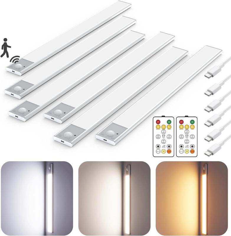 16" Ultra-Thin Under Cabinet Lighting – Wireless Rechargeable LED Lights (6 Pack, Silver)