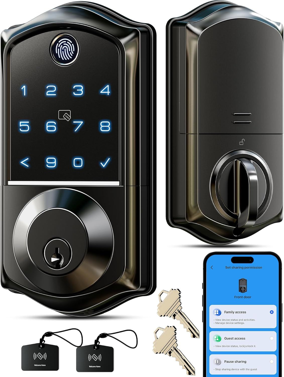 7 in 1 Keyless Entry Lock – Fingerprint, Touchscreen Keypad, Smart App Control, Matte Black