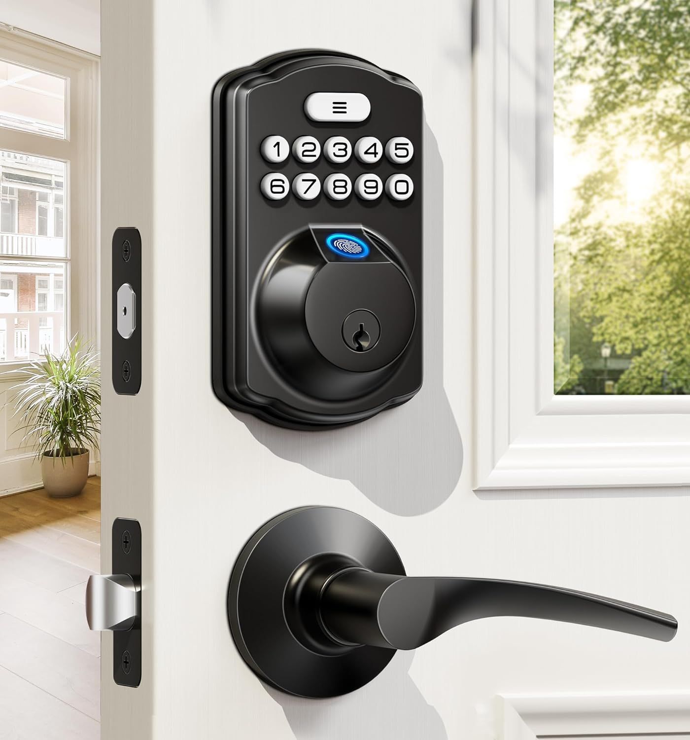 Fingerprint Smart Door Lock with 2 Lever Handles – Keyless Entry Deadbolt Matte Black Color