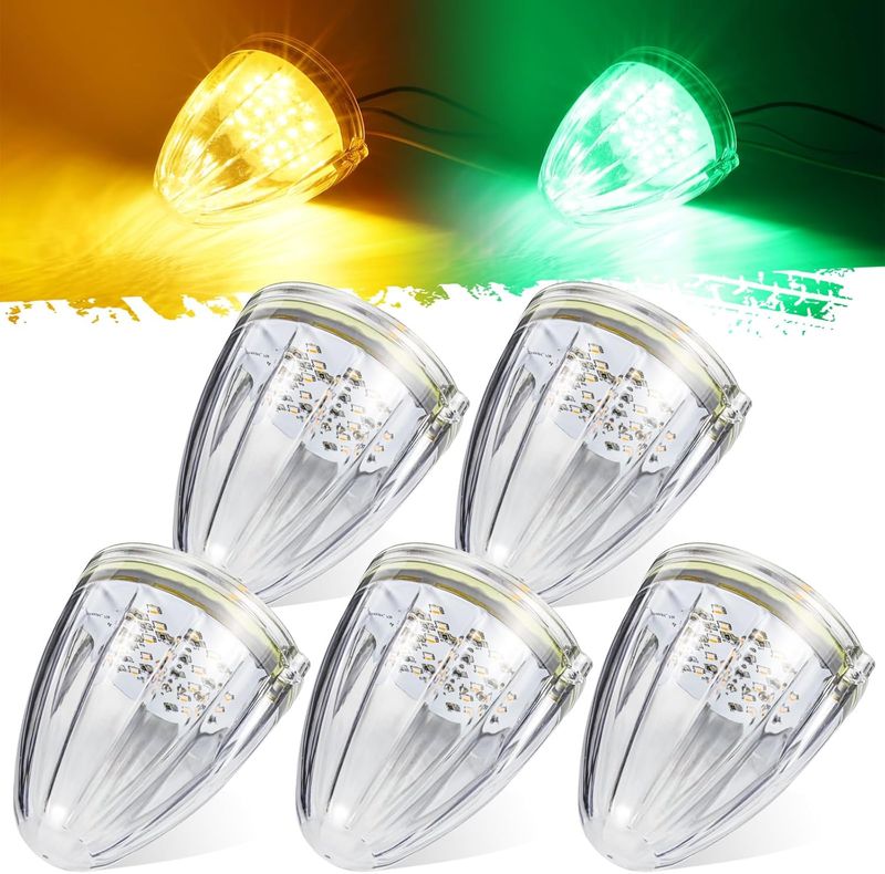 5 Pcs For Heavy Duty Truck Roof Cab Lights – Dual Color Chrome LED Torpedo Marker Set (Amber/Green)