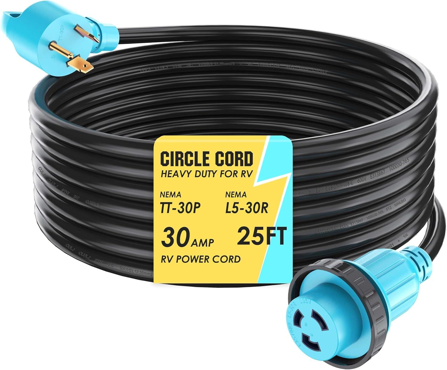 RV-Camper Power Cord 30 Amp 25FT TT-30 to L5-30 Locking Connector Extension