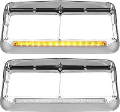2 PCS Semi Truck Chrome Headlight Bezels with LED Visor Fits Kenworth T600 T800 W900 Peterbilt 379