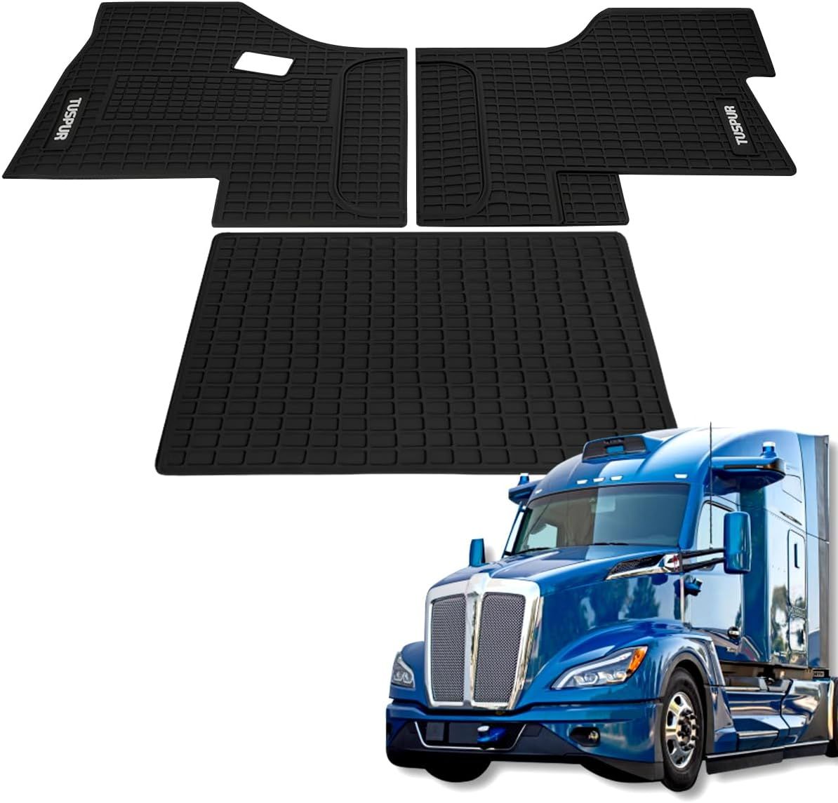 Floor Mats for Kenworth T680 T880 W990S &amp; Peterbilt 579 567 – 3PC Black Rubber Set