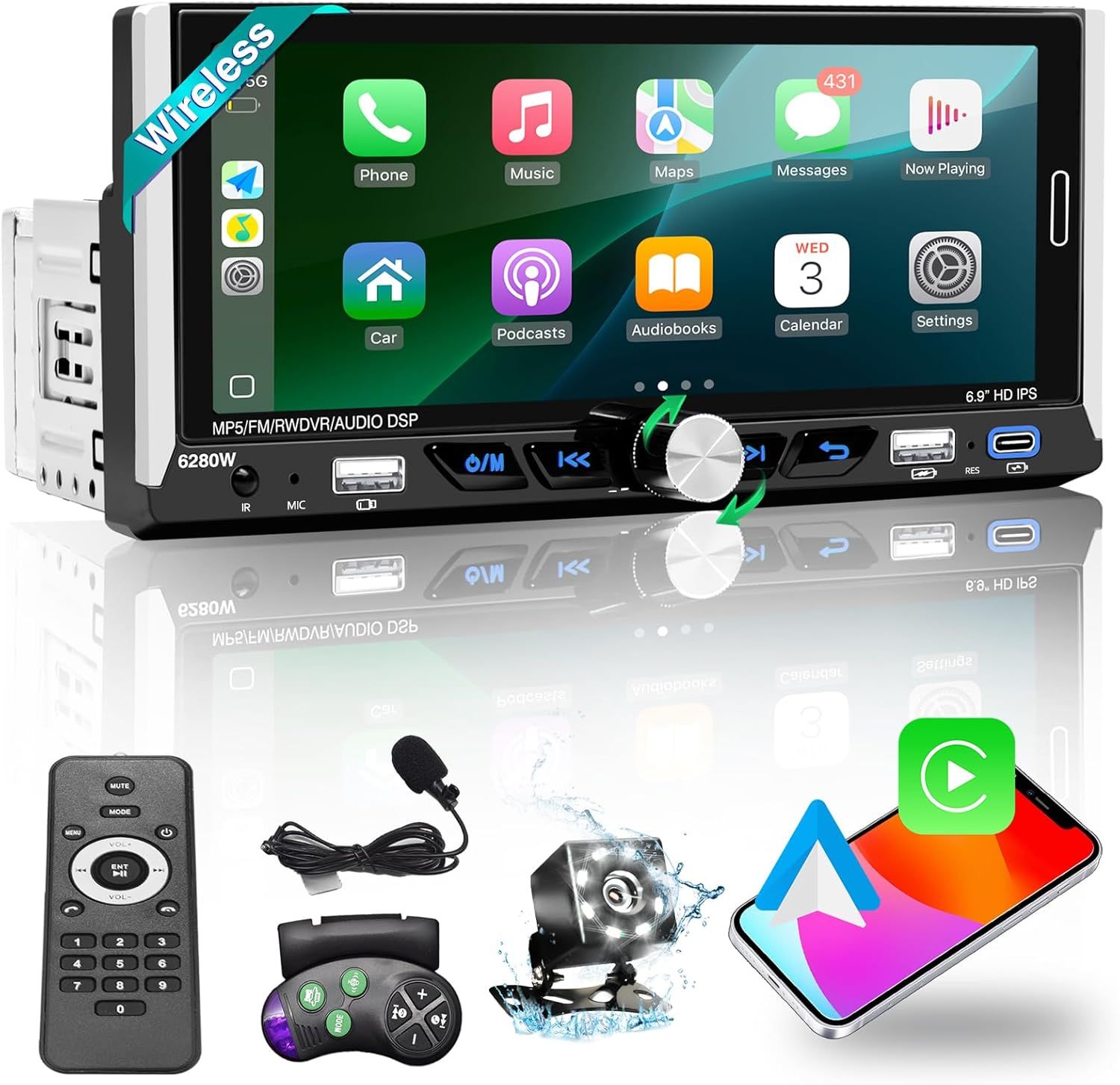 6.9&quot; HD Single Din Stereo – Wireless CarPlay, Android Auto, Type-C &amp; Rear Camera