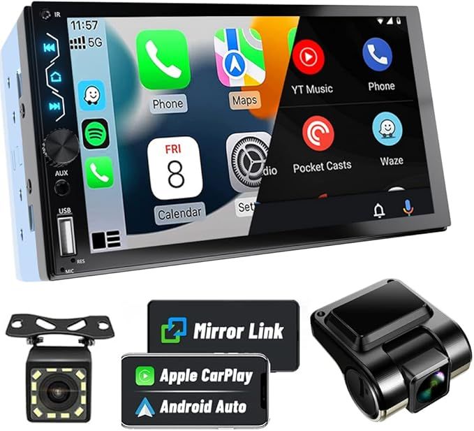 7” Double Din Car Radio with HD Touchscreen, Bluetooth with Dash Cam &amp; Backup Camera