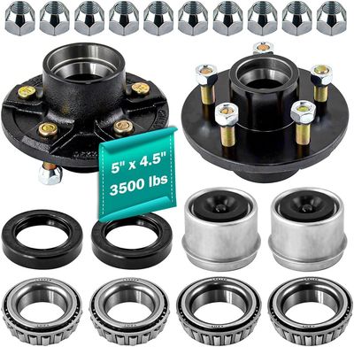 3500 lbs. Trailer Axle Hub Kit – 5 on 4.5 Bolt Pattern, 1-1/16&quot; Bearings, 1/2&quot;-20 Thread, 5 Lug Hub
