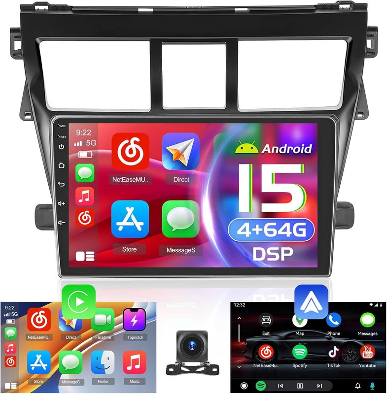 2007-2012 Toyota Vios/Yaris Android 15 Car Radio, 9&#39;&#39; Touch Screen, GPS, CarPlay, Backup Cam + Mic