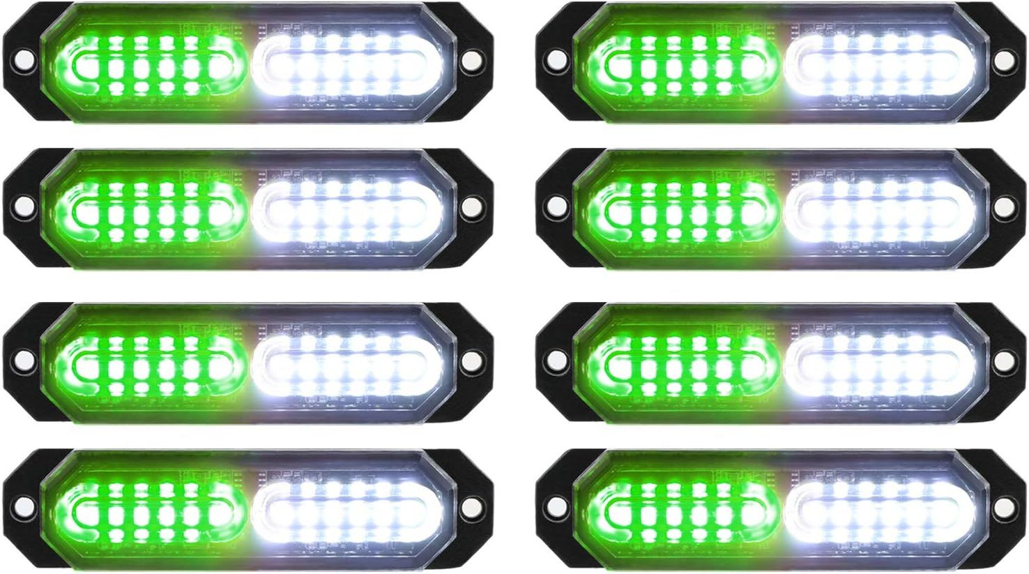 8pcs Ultra Slim LED Strobe Lights with Sync Feature for Trucks and Cars (Green &amp; White)