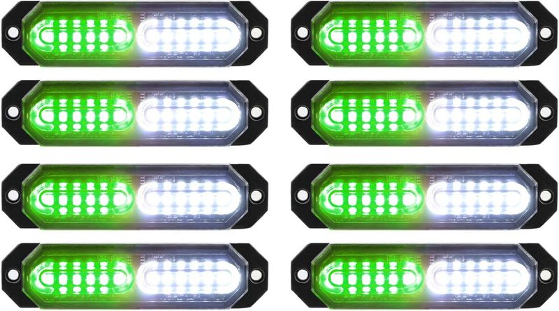 8pcs Ultra Slim LED Strobe Lights with Sync Feature for Trucks and Cars (Green &amp; White)
