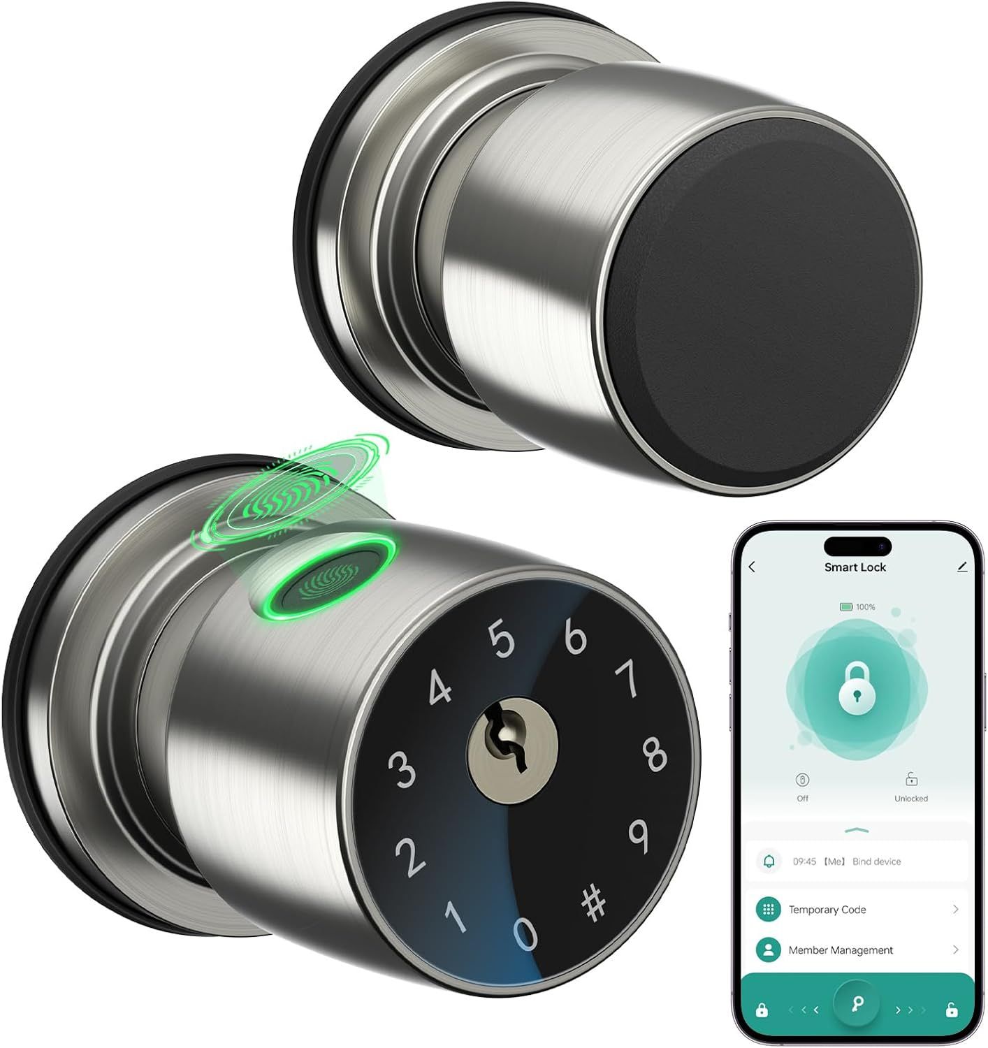 Smart Fingerprint Door Knob – Biometric Keyless Entry Lock with App Control, Silver Finish