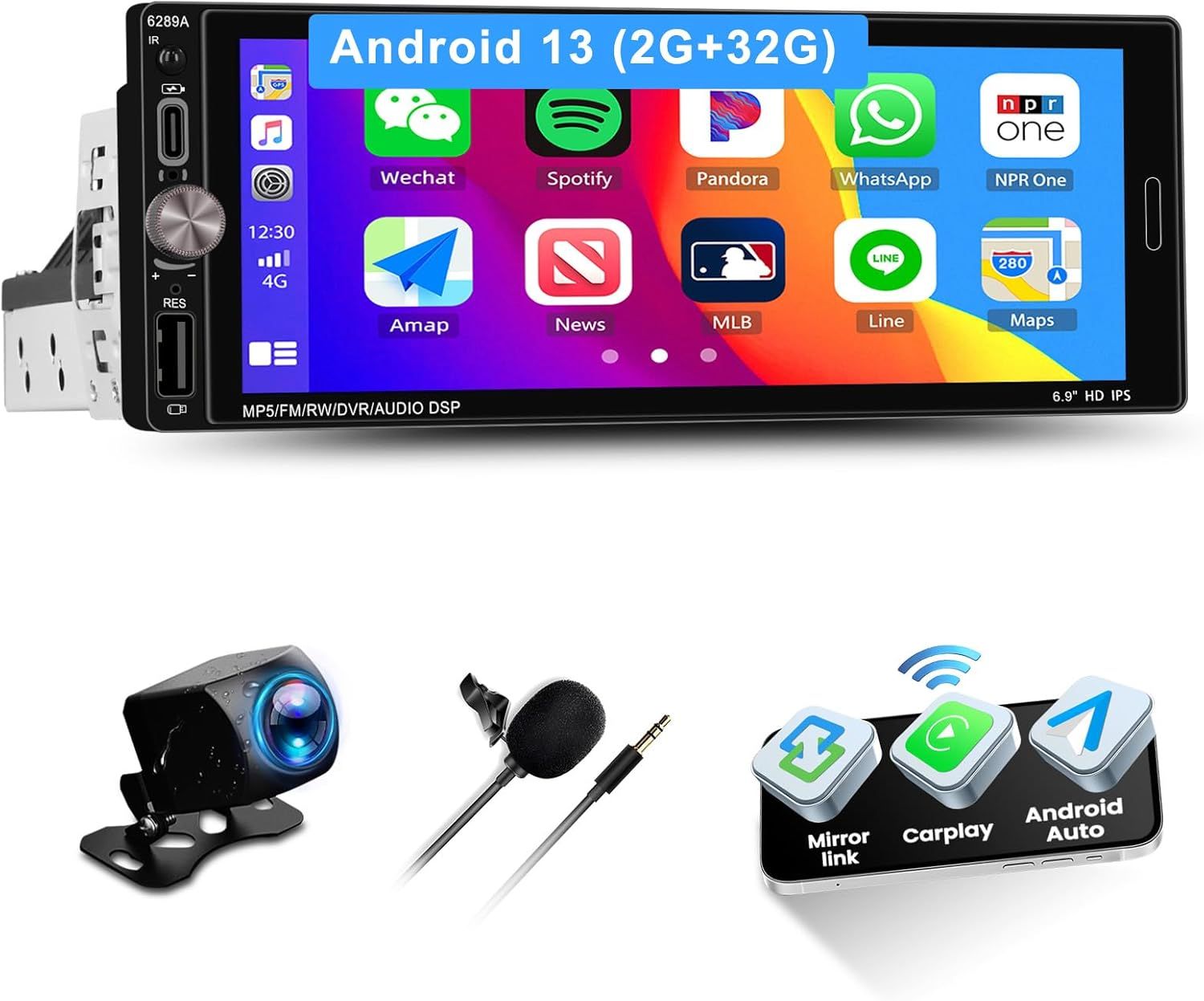 6.9” Touchscreen Single Din Android Stereo – Wireless CarPlay, GPS Navigation &amp; Backup Camera